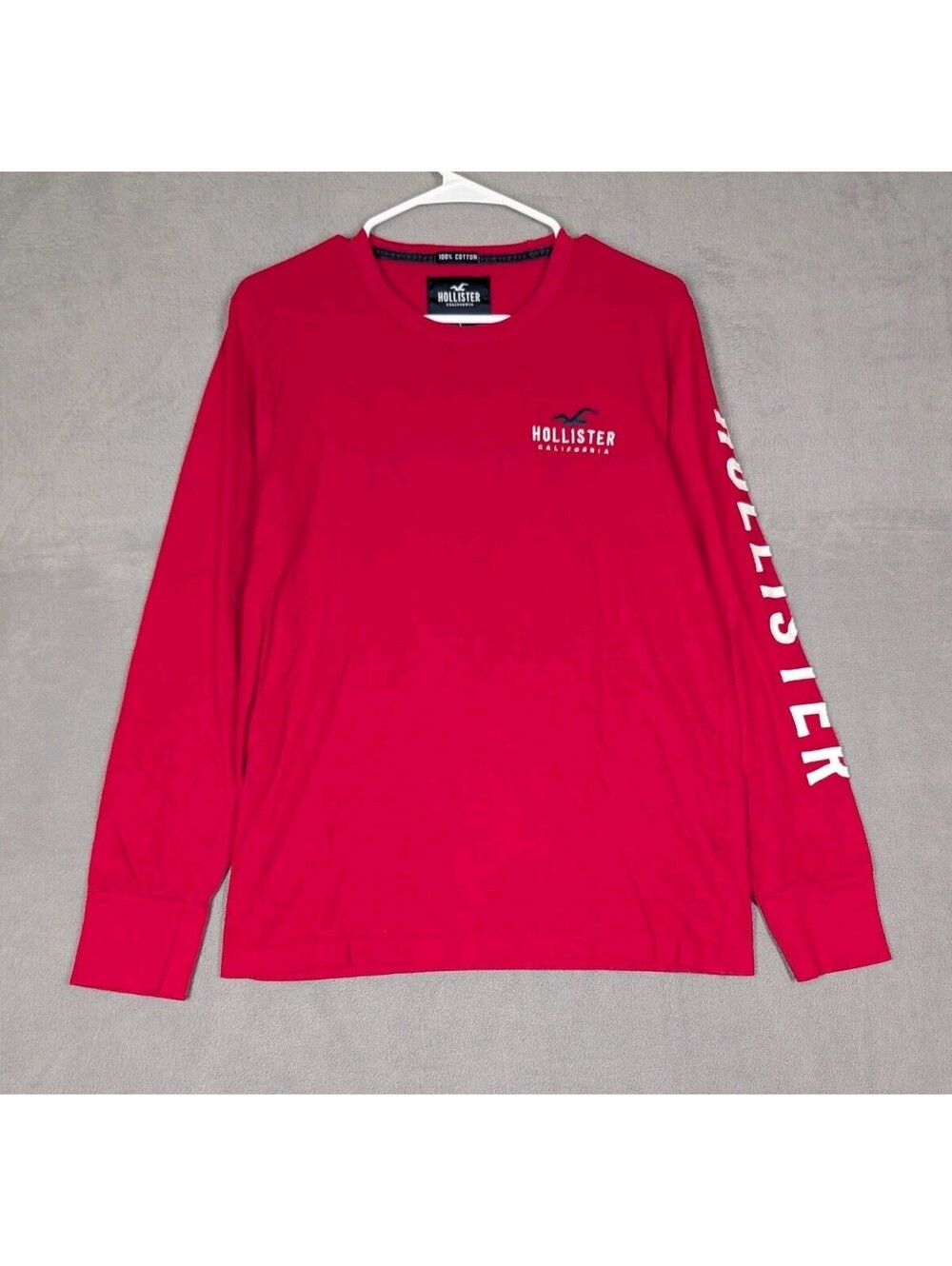 Hollister Men S Red Long Sleeve Shirt Embroidered Logo Sleeve Graphic Cotton